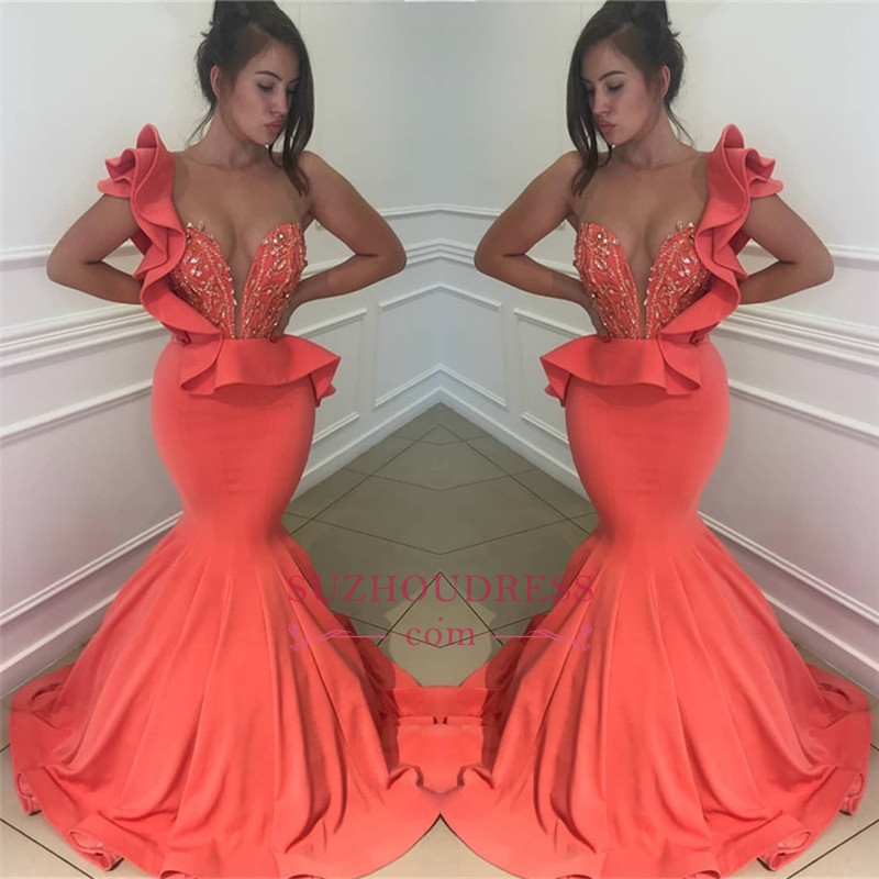 

2019 Beaded Mermaid Prom Evening Dress Sexy One Shoulder Formal Party Gown Appliqued V Neck Celebrity Dresses Custom Made, Brown