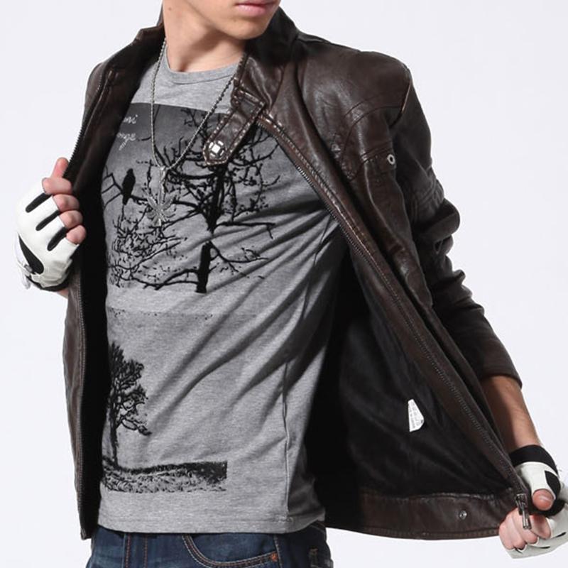 

Motorcycle Men Jacket Vintage Coat Outfit Biker Zipper Pocket Solid Color PU Leather Sweatshirt Slim Leather Jacket