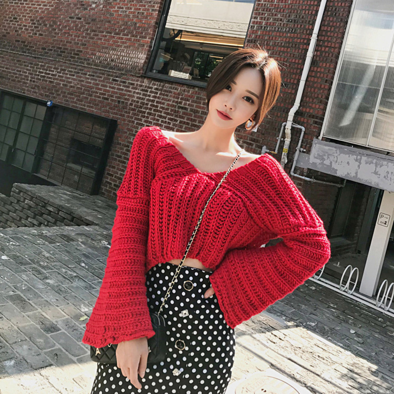 

winter new Korean version temperament v-neck horn sleeve knit sweater fashion bag hip wave point fishtail skirt outfit, See chart