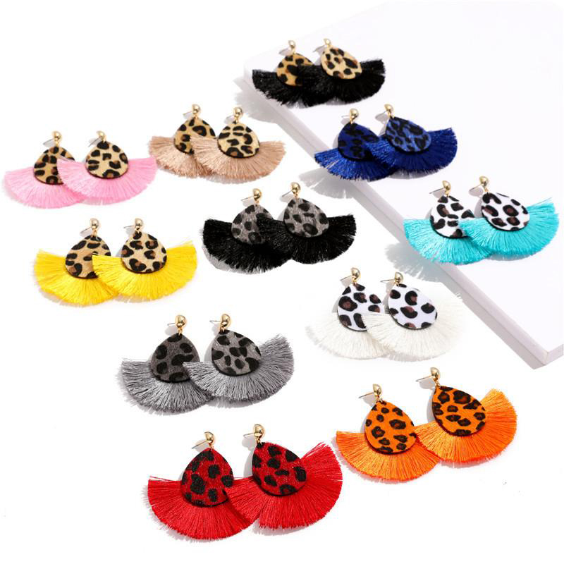 

New Fashion Fan Tassel Dangle Earrings Leather Leopard Print geometric Statement Earrings personality Jewelry for Women Girls Gift