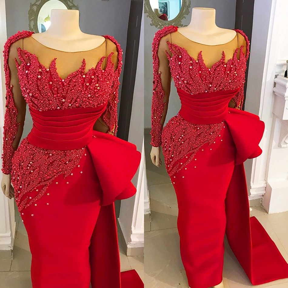 

2022 Aso Ebi Major Pearls Top Evening Dresses See Through Jewel Neck Sheath Crystals Beaded Prom Gowns Runway Pageant Dress, White