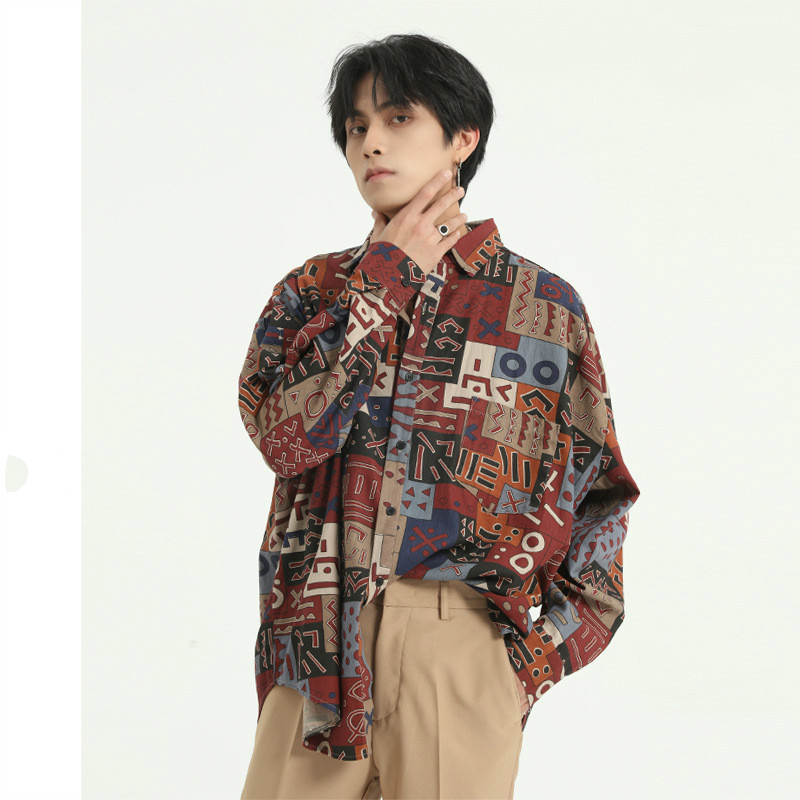 

Male Streetwear Hip Hop Loose Dress Shirts Men Vintage Pattern Print Casual Long Sleeve Shirt, Dark brown