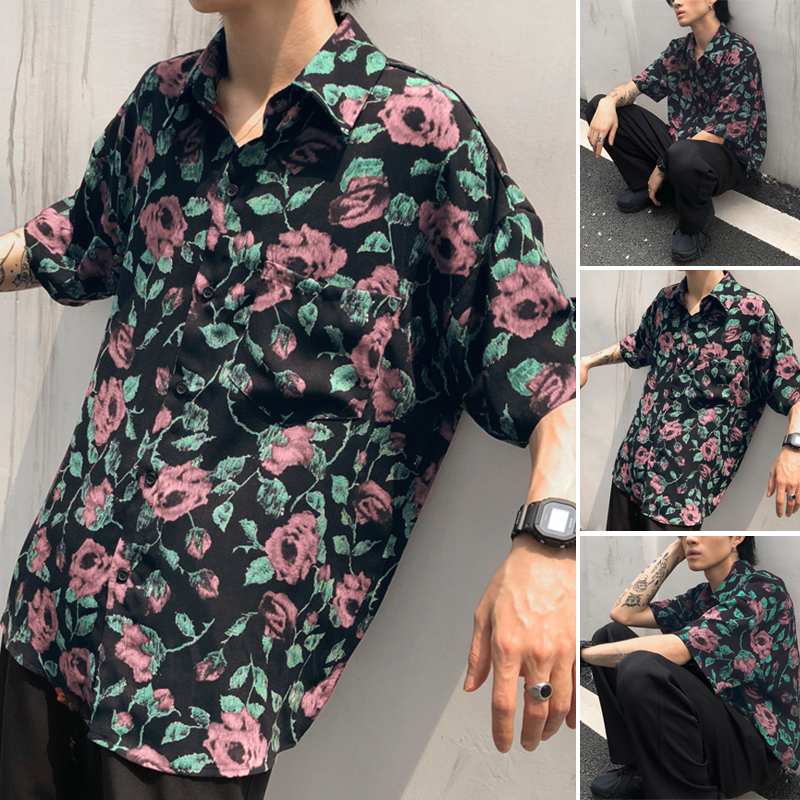 

INCERUN Men Hawaiian Summer Shirts Half Sleeve Turn Down Collar Printed Shirts Casual Loose Vintage Flowers Floral Blusas -5XL, Blue