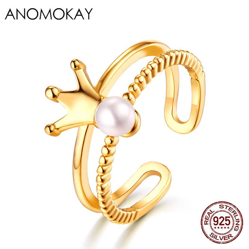 

Anomokay New Arrivals Little Crown Pearl Open Gold Rings Jewelry Gift for Women Girl 925 Sterling Silver Resizable Ring