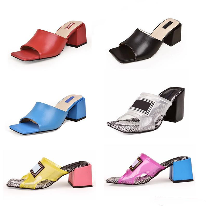 

New Fashion Designer Slipper Women PVC Transparent Block Heel Sandals Genuine Leather Fancy Shoes High Heel Mules Slides Luxury Slippers, Black