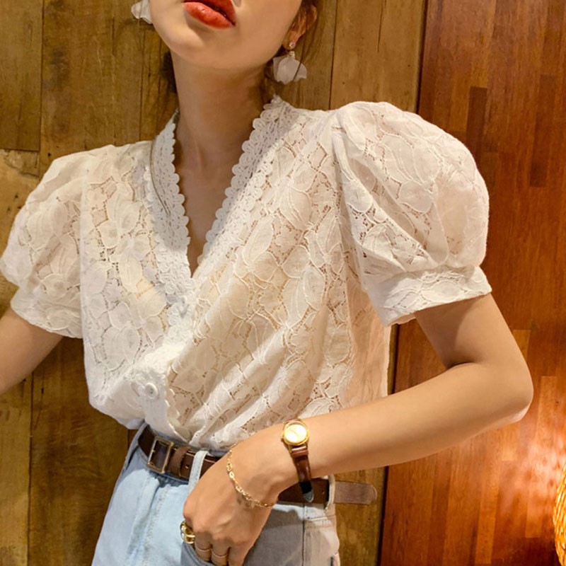 

New White Vintage Summer Tops Women Short Sleeve Hollow Out Shirt Female Retro Perspective Lace Blouse, As pic