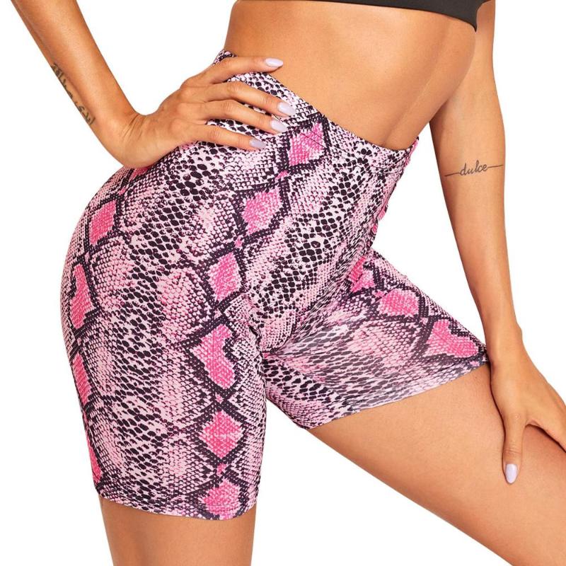 

Women Summer Sexy Snakeskin Print Fitness Leggings Sports Tight Plus Size Casual Mid Elastic Waist Skinny Cycling Short For 2020, Brown