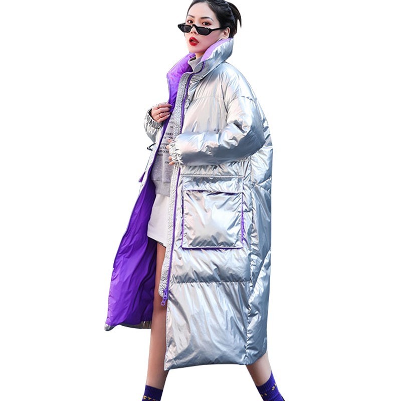 

Women Winter Down Cotton Jacket Silver Bright Coat Ukraine Knee Long Parka 2019 New Thick European American Fashion Tide PJ351, Black