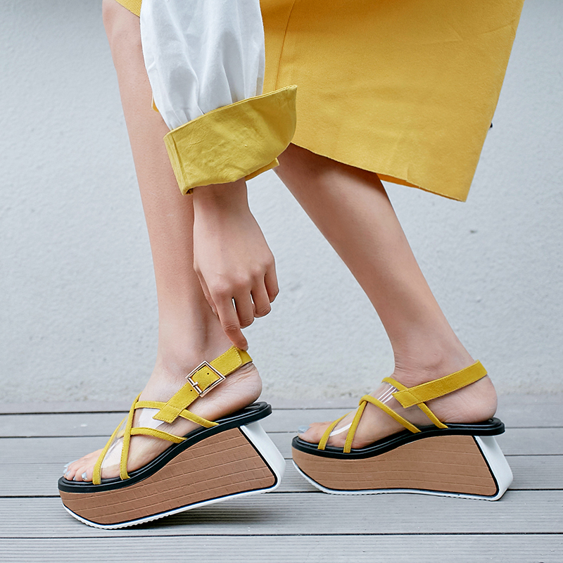 

Platform Wedge High Heels Sandals Female Real Genuine Leather Ankle Fashion Women Party Office Shoes Pvc Clear Platform Shoes, Yellow