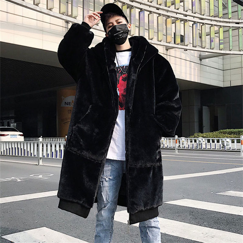 

Wholesale-Oversized Winter Fur Coats Hooded Men Women Faux Fur Long Coat Warm Zipper Luxury Outerwear Casual Winter Leather Jackets Robe, Black (man)