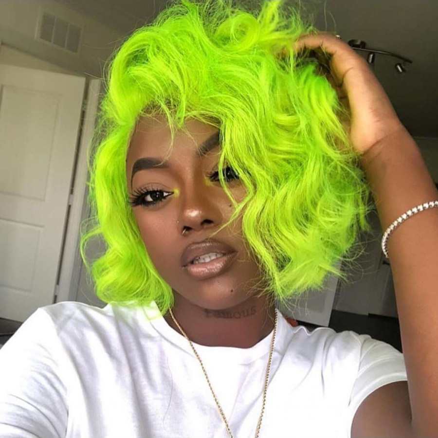 

High quality Green simulation human hair bob wig deep wave short Lace Front Wigs Heat Resistant Fiber Hair for africa american women, Pink