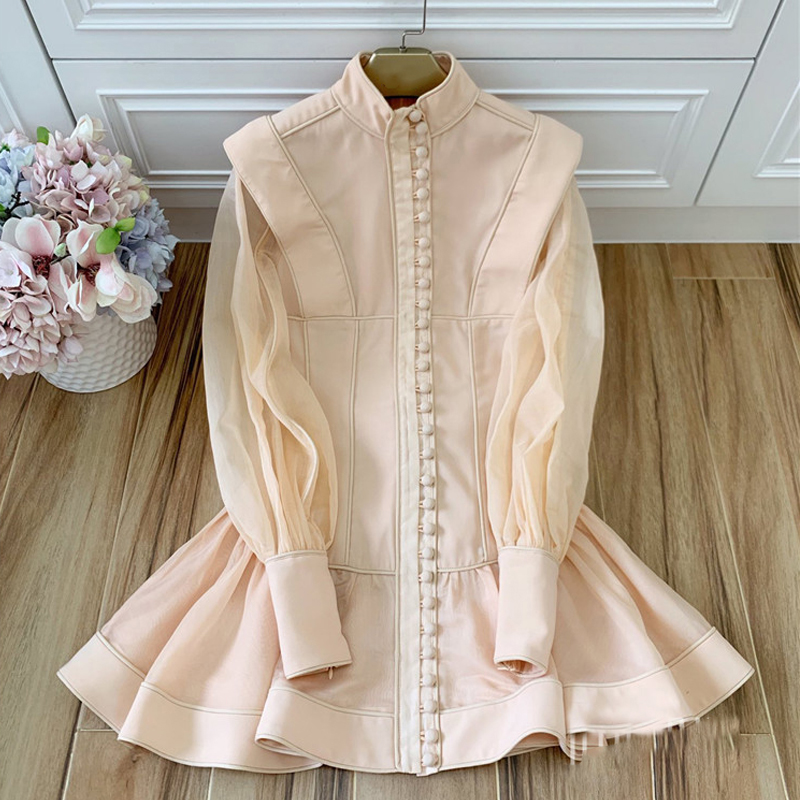 

Fanco 2020 Summer Lady Style Elegant Temperament Single-breasted Decorative Waist Turtleneck Lantern Sleeve Dress, Beige