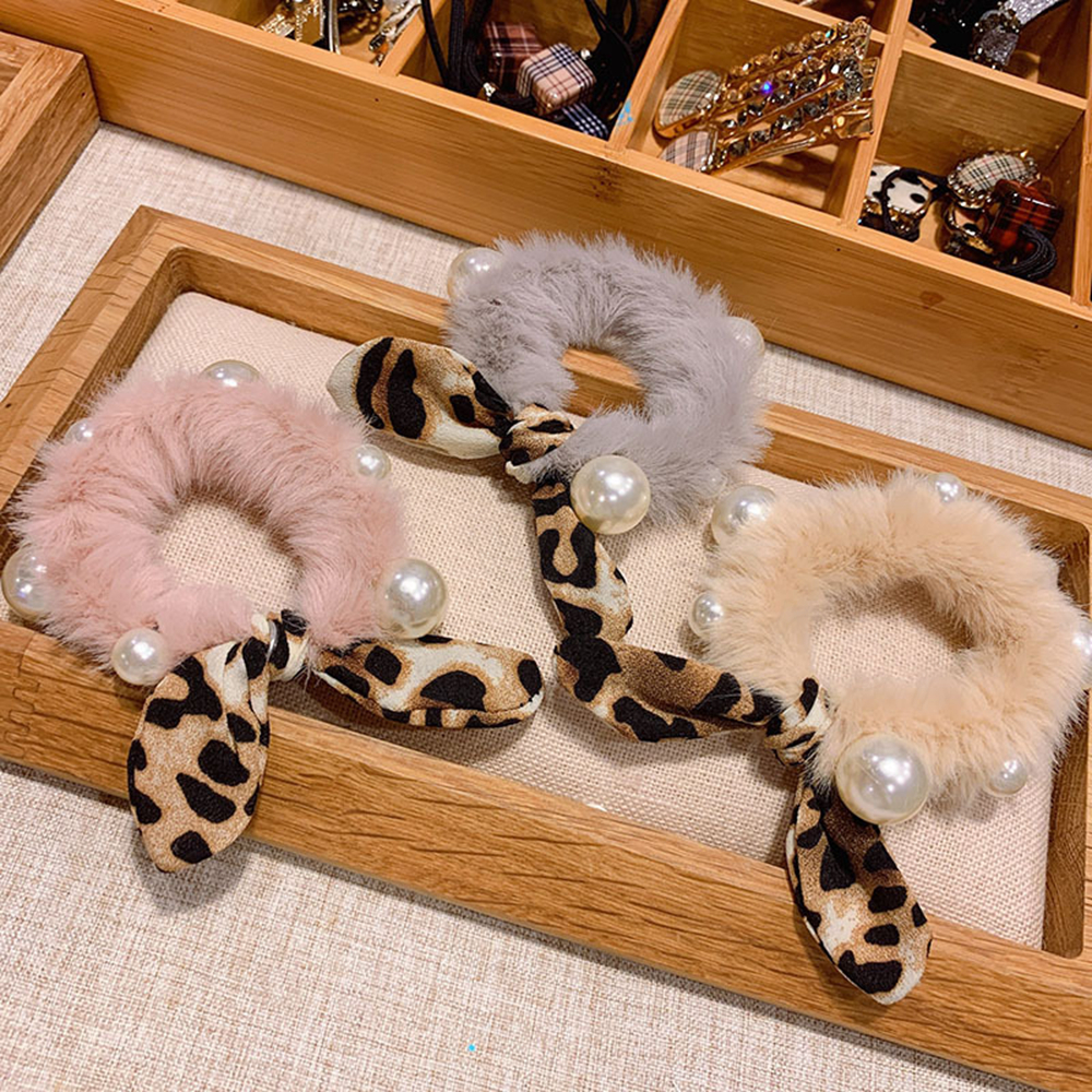 

INS Fur Pearl Girls scrunchies Leopard rabbit ear hair scrunchies designer head bands bows hair ties hair accessories for women girl FFA3336, As pic