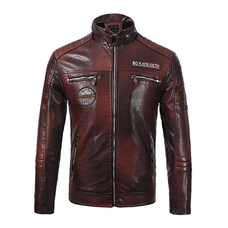

Cross-border men's leather clothing new men's pu jacket European and American motorcycle clothing plus velvet leather jacket men, Khaki 6693