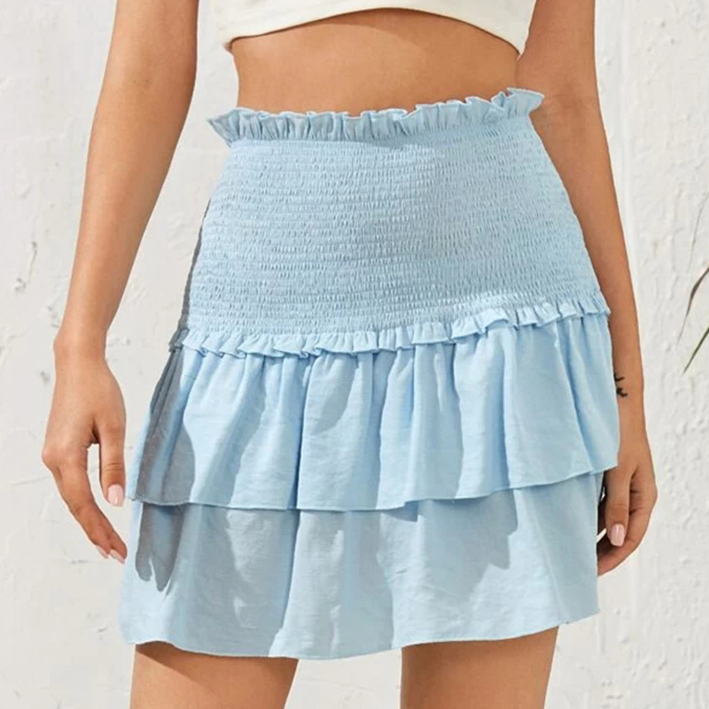 

Women Skirts Bohemian Solid Ruffled Layered High Waist Summer Casual Female Skirt Beach Style Soft Ladies Short Mini Bottoms, Blue