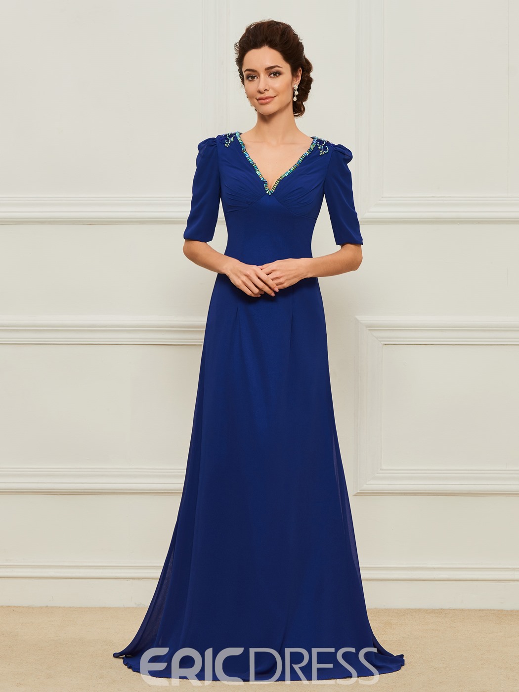 

Mother Of The Bridal Dresses V Neck 1/2 Sleeve Beads Chiffon Prom Dress Floor Length Mothers Dresses