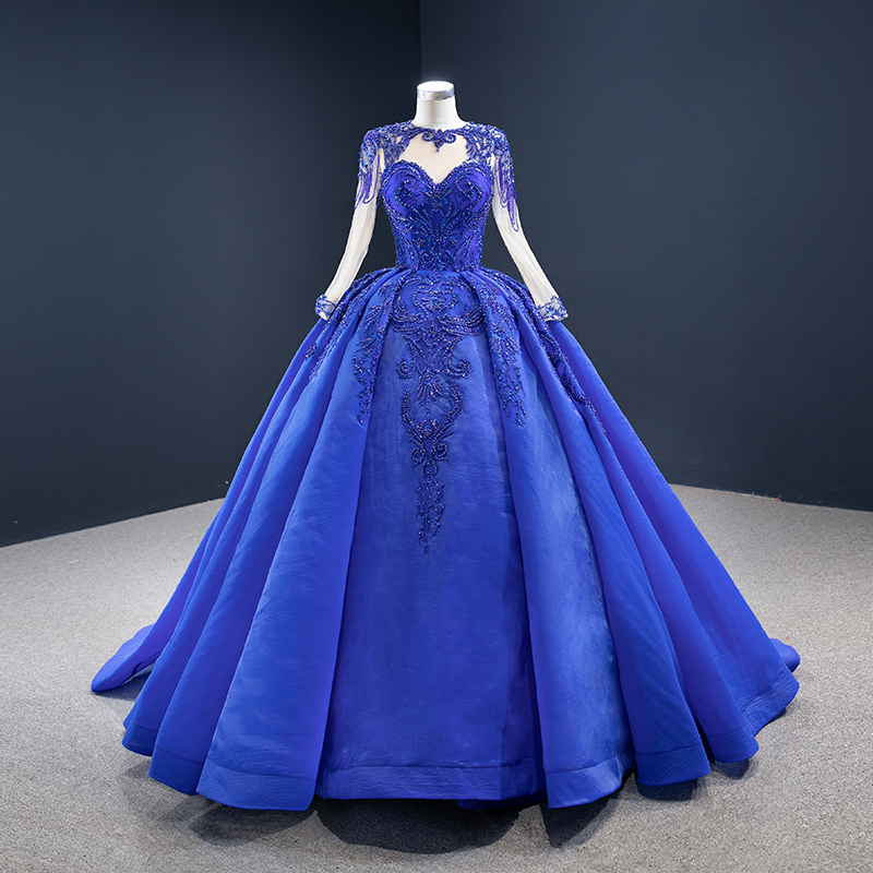 

Elegant Lady Royal Blue Jewel Long Sleeve Heavy Beading Ball Gown Prom Dress, Same as picture