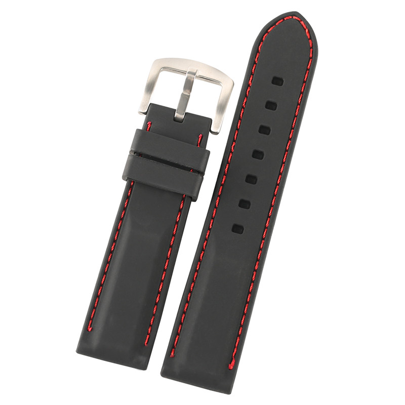 

20mm 22mm 24mm Black Silicone Rubber Watch Strap Wrist Band Replacement Waterproof Watchband Red White Line Stitching Straight Ends