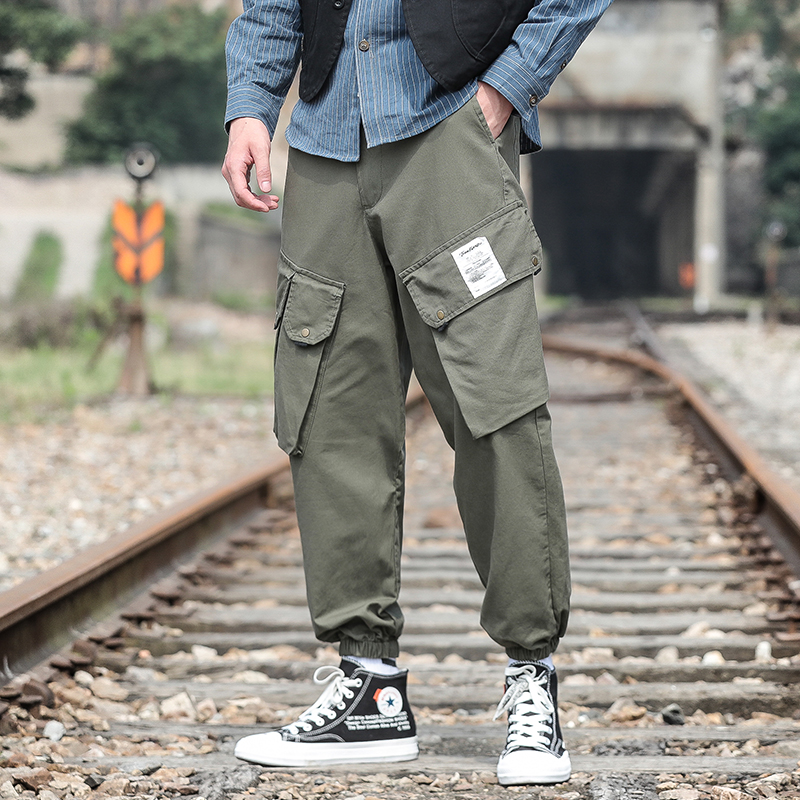

Big Pocket Cotton Mens Joggers Pants Khaki Ankle Length Solid Cargo Pant Male Hiphop Streetwear Drawstring Harem Pants Male 5XL, Black