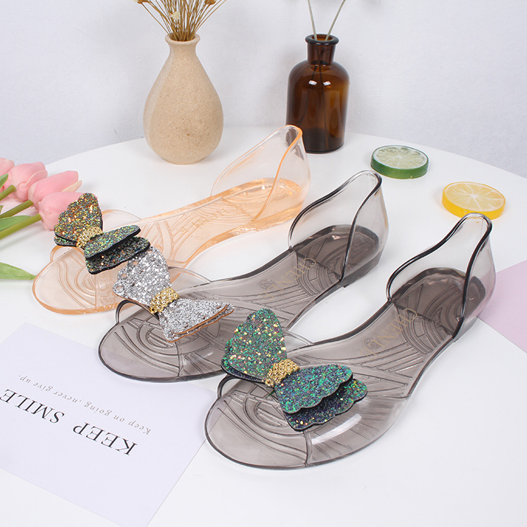 

Women's Sandals Open Toe Flats Fashion Bling Bow Clear Transparent Beach Ladies Sandals Comfortable Soft PVC Plastic Slippers, Green
