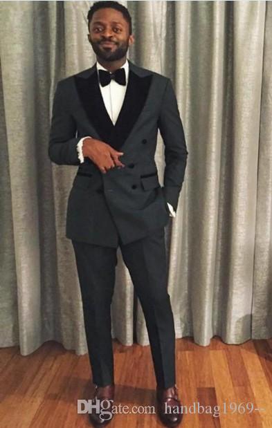 

New Arrivals Double Breasted Charcoal Gray Groom Tuxedos Peak Lapel Groomsmen Best Man Blazer Mens Wedding Suits (Jacket+Pants+Tie) D:341, Same as image