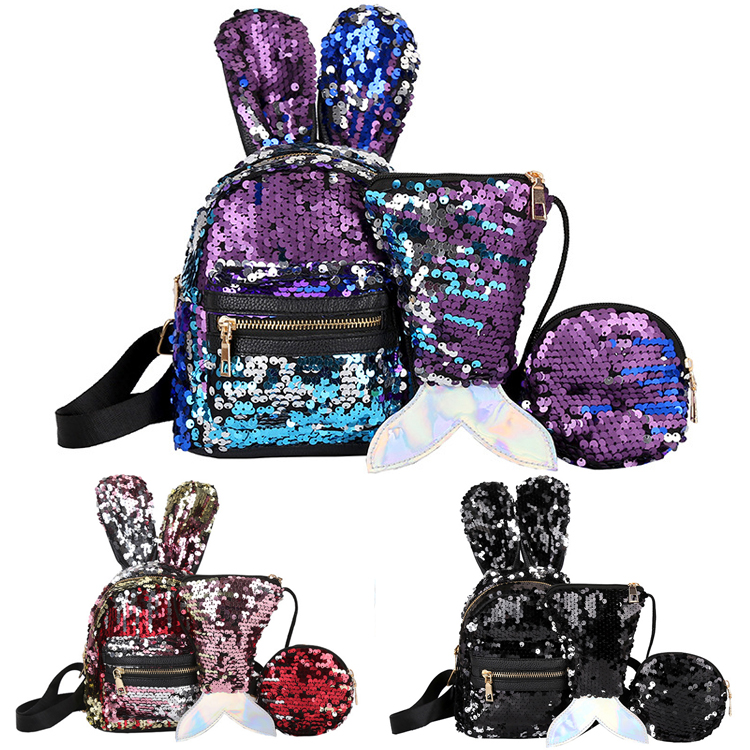 

3 colors Mermaid sequined rabbit ears bag 3Pcs Fashion Student Children School Bags Backpacks+messenger bag shoulder bag+wallet DHL JY381, Mixed colors