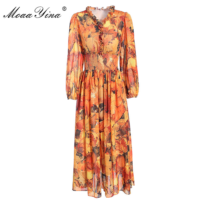

MoaaYina Fashion dress Summer Women' Dress V-neck Floral-Print Elastic waist Dresses, Multi