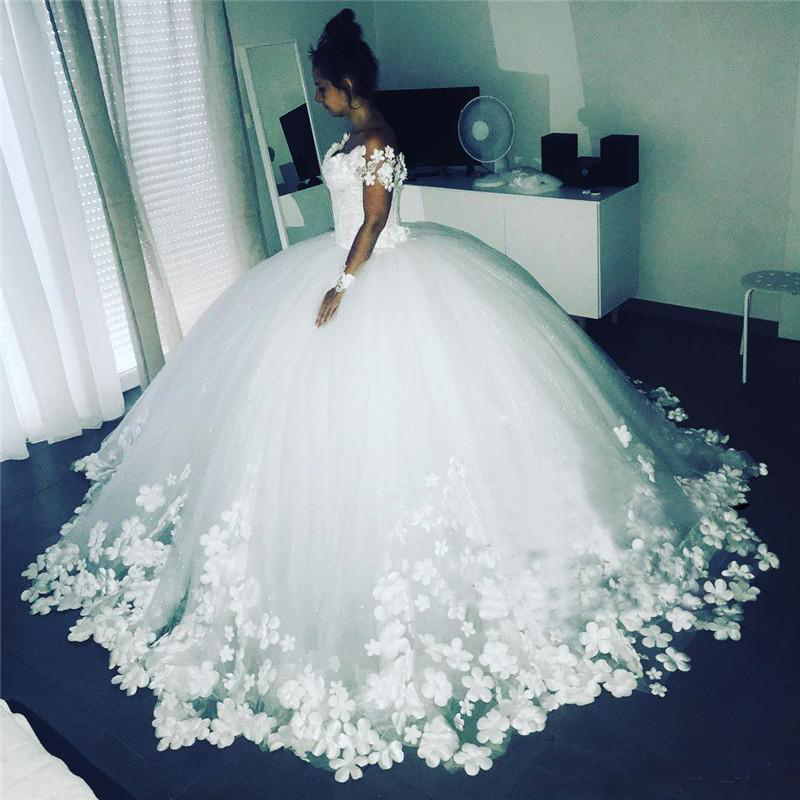 

Princess White 3D Floral Wedding Dresses 2020 Ball Gown Off Shoulder Lace Plus Size African Arabic Black Girl Bridal Gowns Vestido De Novia, Gold