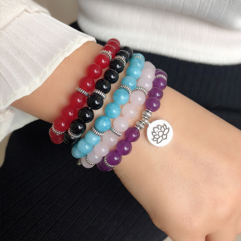 

Accessories natural stone crystal agate multi-color lotus pendant National style handmade beaded bracelet female