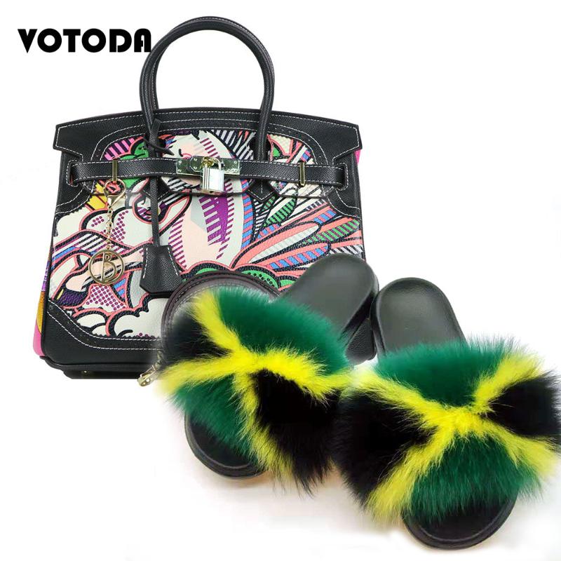 

Woman Fur Slippers Leather Bag Set Fluffy Real Fur Flip Flop Cowhide Women Handbag Summer Ladies Painted Sandlas, Wine red