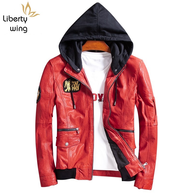 

Unisex Motorcycle Sheepskin Short Coats Brand Hooded Detachable Long Sleeve Jackets Plus Size 4XL Casual Genuine Leather Jacket, Red women
