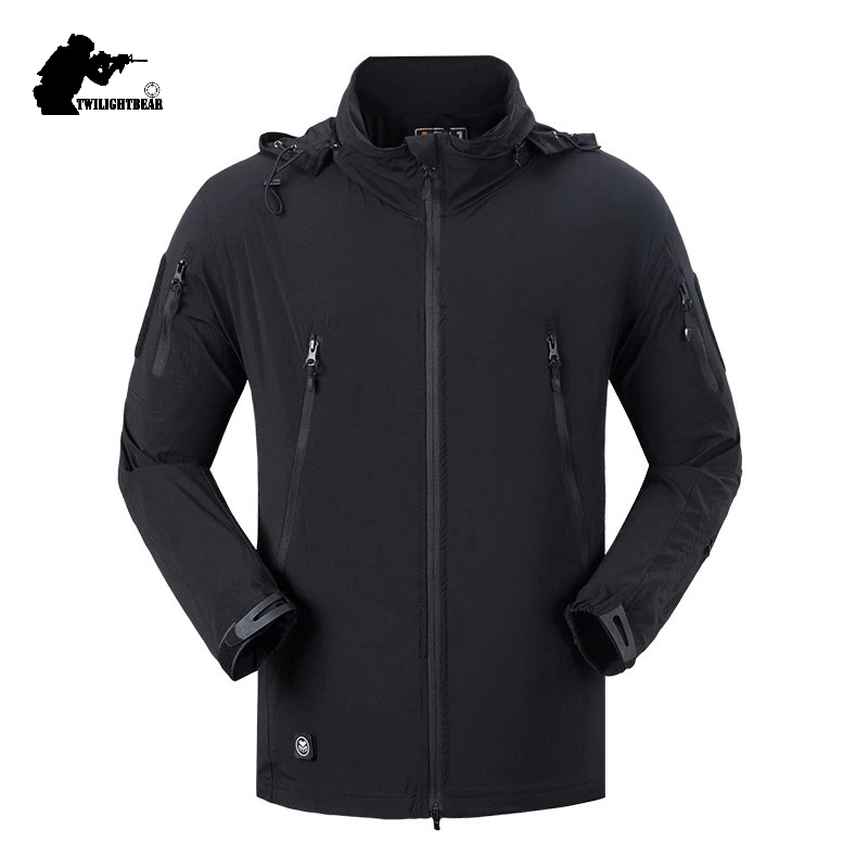 

New Men' Waterproof Tactical Jacket Coat Spring Autumn Male Hooded Multiple Pockets Nylon Jackets Men Thin Outwear -2XL BF080, Black