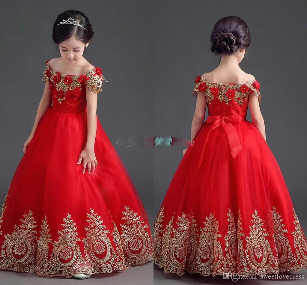 

Elegant Red Off Shoulder Girls Pageant Dresses Gold LAce Appliqued Flower Flower Girls Dresses Lovey Birthday Party Dresses, White