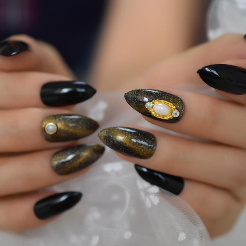 

3D Gems Cat Eyes Effect Gold Stiletto False Nails Press on Nails Art Tips Full Cover Chameleon Manicure Fake Nail Tips 24pcs set, L5134