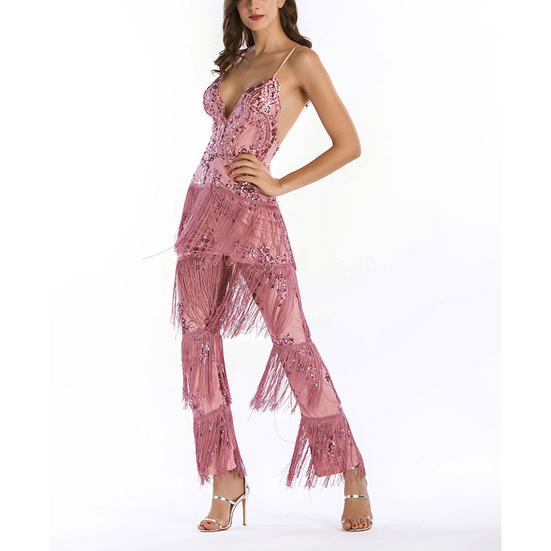 

women summer shiny floral sequined deep v neck backless tops tassel fringe long pants one piece bodysuits female slim jumpsuit