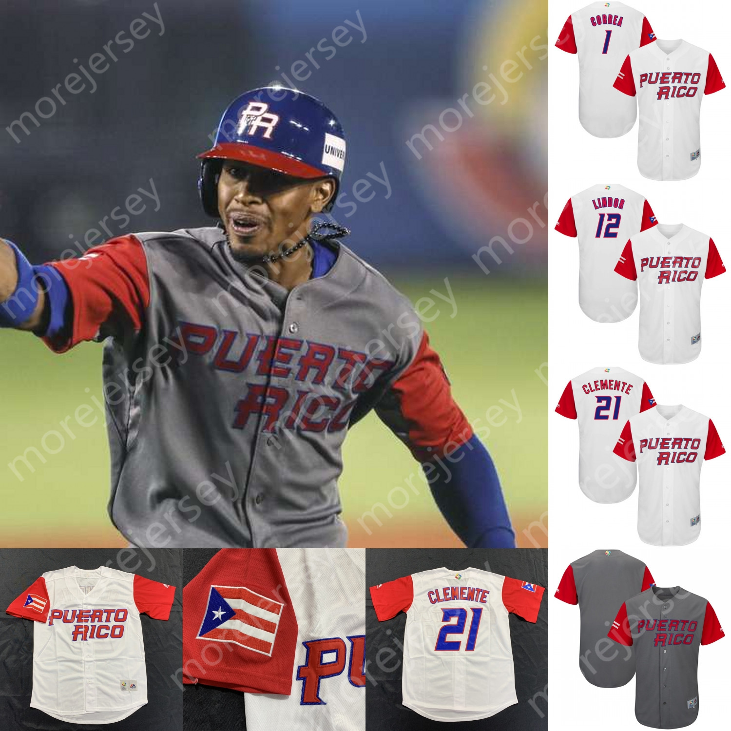

Puerto Rico Jersey Clemente Francisco Lindor Hernandez Yadier Molina Javier Baez Carlos Correa Beltran Barbosa Lugo Jose Berrios Colon Diaz, Grey