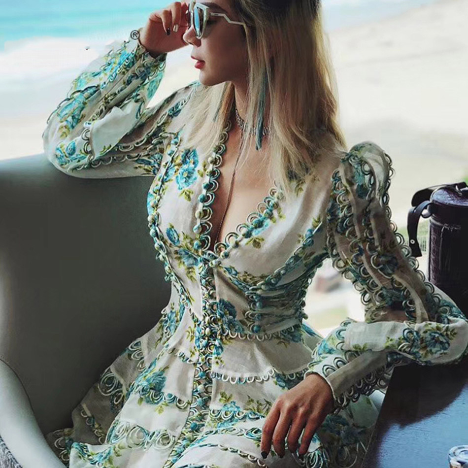 

New Designer Runway Dress Women's High Quality Puff Sleeve Sexy V-neck Floral Printed Embroidery Button Resort Dresses, Black