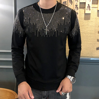 

Freeship mens rhinestone beading black sweatshirts long sleeves T shirt fashion/studio/bling style
