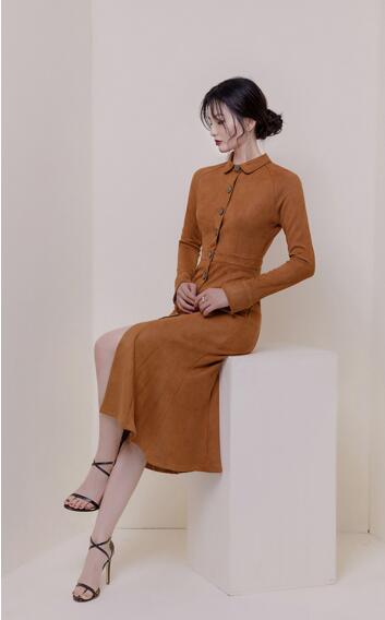 

Autumn and winter clothing big-name style lady temperament fishtail skirt long suede bottoming slim dress, Dark brown