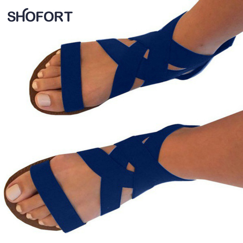 

SHOFORT 2020 summer new shoes for women flat bottom cross elastic back zipper Roman mid-top women's casual outdoor beach sandals, Blue