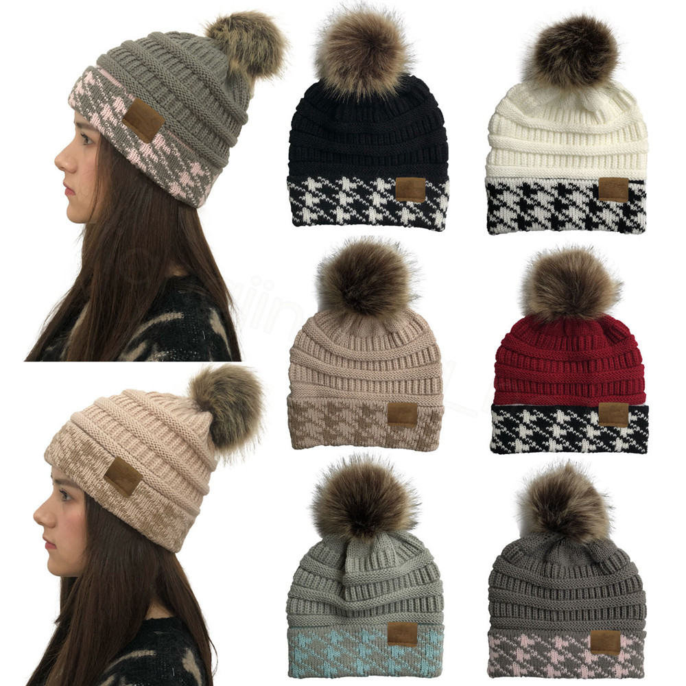 

6 styles Knitted Hats plaid Pattern color match Pom Skully Caps Stretchy Headgear FFA3311 Sea, As pic
