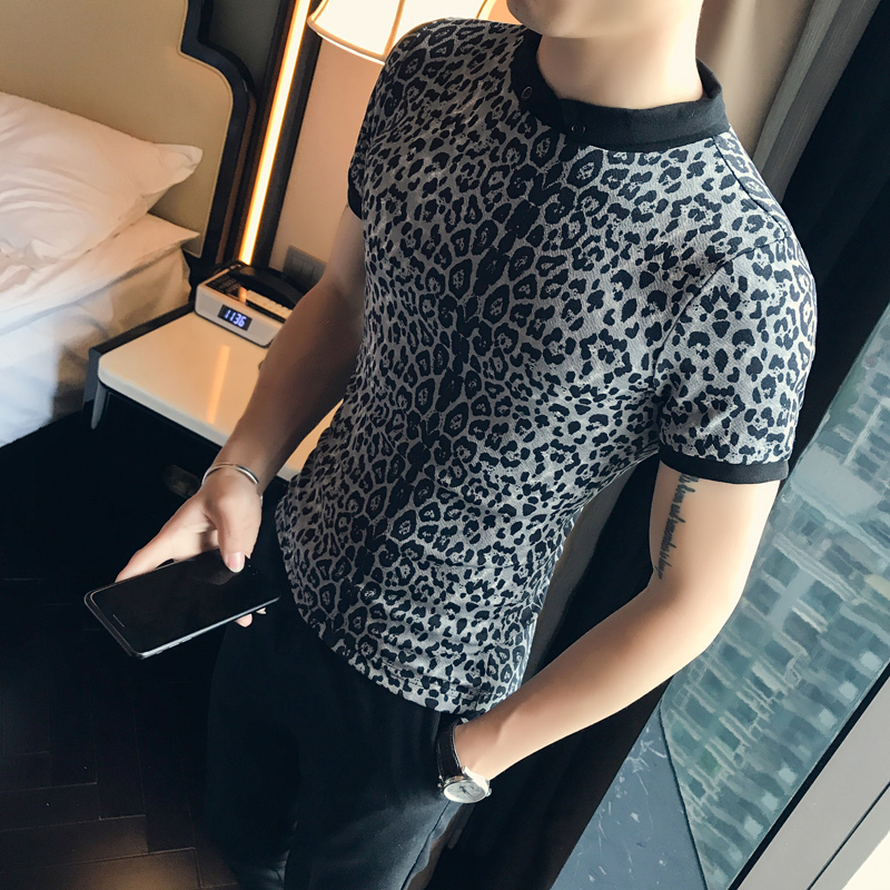 

British Style Summer Sexy Leopard Print Shirt Men Fashion 2020 Short Sleeve Mens Casual Polos Slim Fit Streetwear Men, Yellow