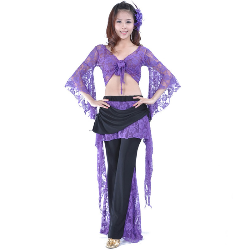 

Stage Wear Belly Dance Costume Lace Pants + Blouse Advanced Practice Clothes Suit Clothing Wholesale For Women, Black