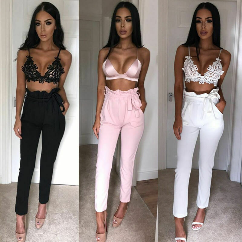 

Sexy Women High Waist Slim Skinny Pants Stretchy Bow Belt Drawstring Pants Jeggings Pencil Palazzo Trousers, Black