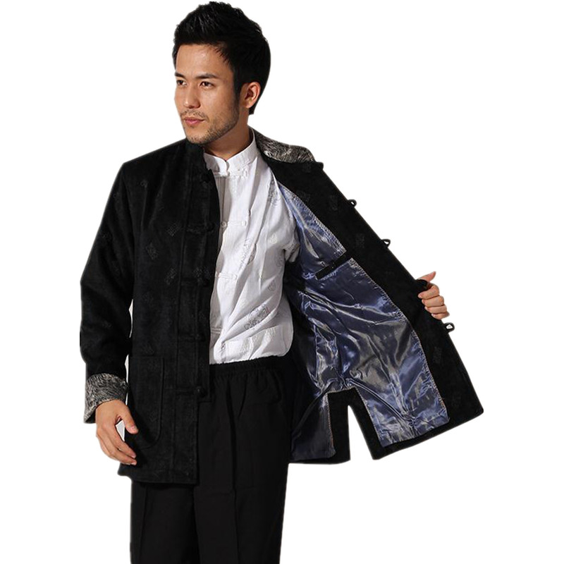 New Black Traditional Chinese Men Corduroy Jacket Winter Thick Coat Handmade Button Overcoat Size M L XL XXL XXXL