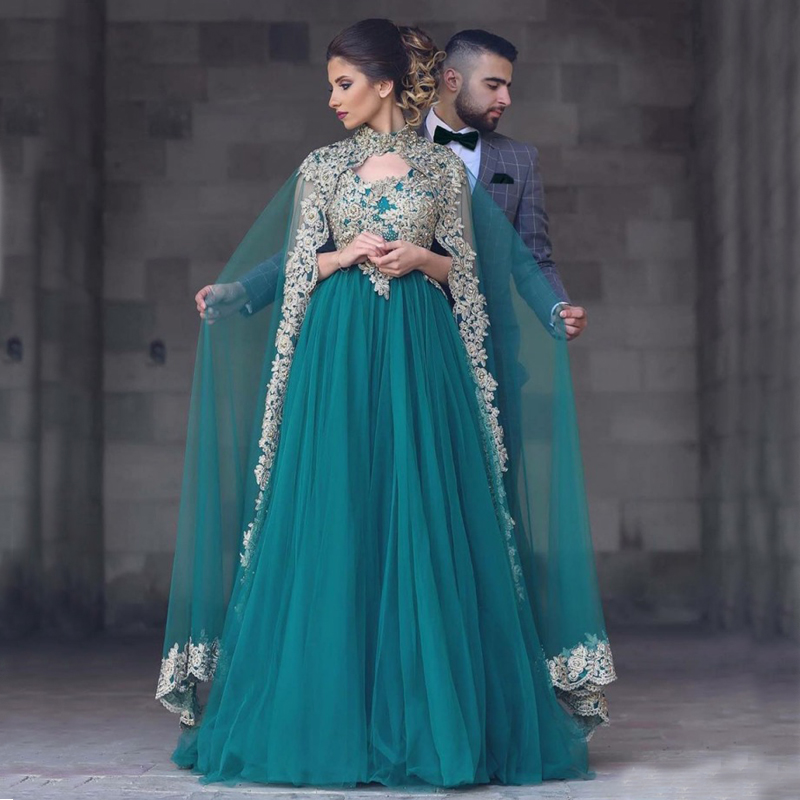 

Modest Long Formal Arabic Muslim Evening Dresses Champagne Lace Appliques Teal Tulle Custom Made Prom Party Gowns with Cape, Royal blue