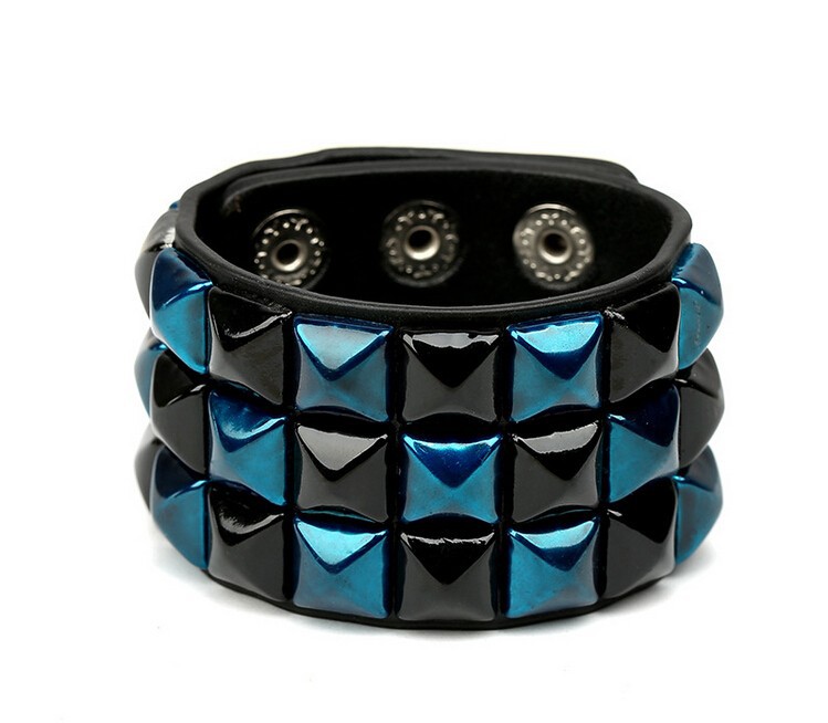 

High Quality Synthesis Leather Wide Cuff Bangle Male Color Metal Square Studded Rivet Hand Wrap Bracelets Wristband Punk Jewelry