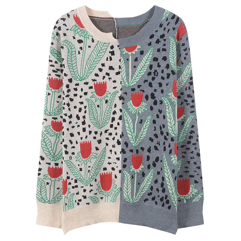 

Women Sweater Loose Flower Jacquard Knitted Pullovers Contrast Color Top Long Sleeve Jumper Oversized Knitwear Autumn Winter, Multi-color