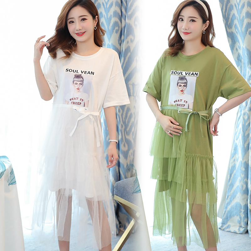 

9019# Maternity Dress Summer Short Sleeve Easy Matching Loose Gauze Patchwork Dress for Pregnant Women Mom, Green