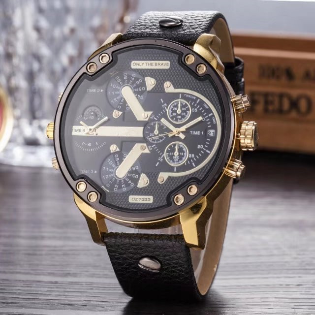 

Multi Time Zone Wristwatch Montre luxe Military Clock Leather Strap 53MM Big dial DZ Stainless steel Watch Men's Sport Quartz Watch, Slivery;brown